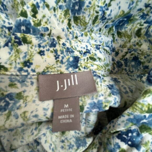 J. Jill Womens Petite Medium Floral Button-Up Shirt Blue & Green Long Sleeve Top - Picture 3 of 8